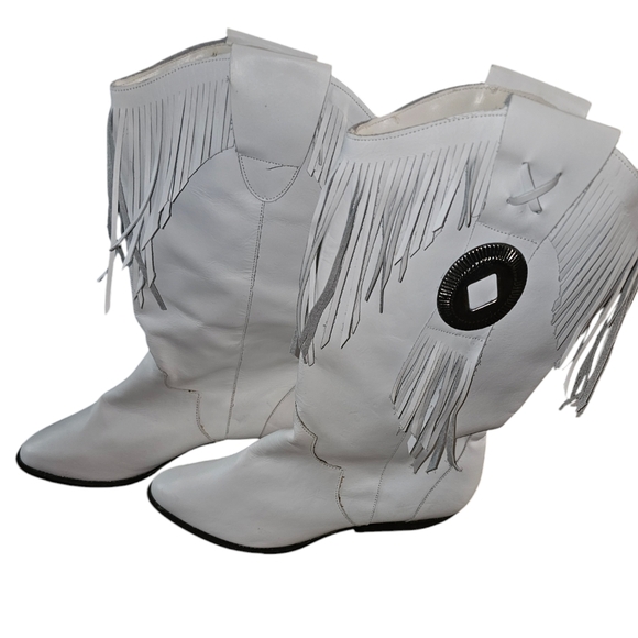 Fringed Concho Womens White Boots 10 Leather Craft - Picture 2 of 2